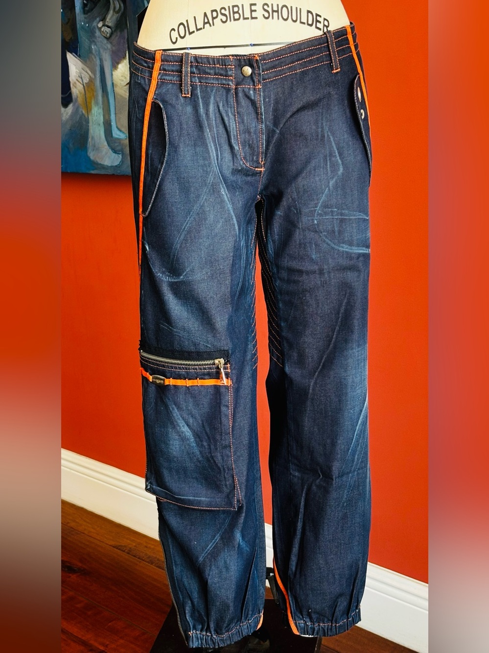 John Richmond Dark Blue Denim Cargo Jeans with Orange Trim